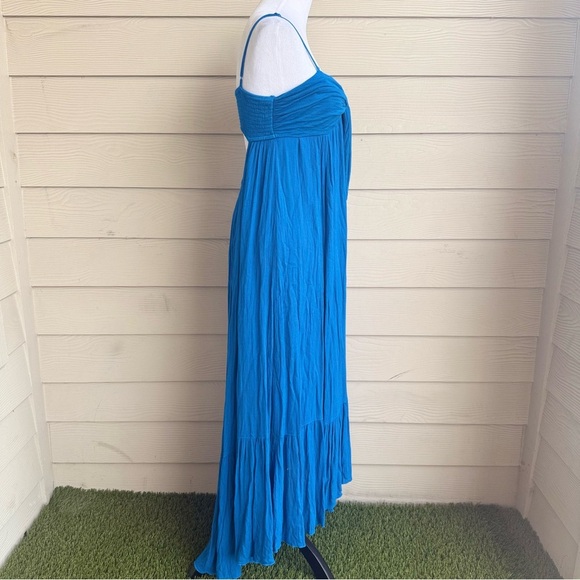 Free People XS Blue Maxi Dress Boho Tie Front Open Back Smocked Bodice - Picture 3 of 10